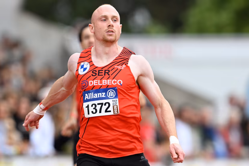 Belgian Antoine Snyders pictured in action during the men's 200m race, at the Belgian athletics championships, Sunday 26 July 2026 in Kessel-Lo, Leuven. BELGA PHOTO JILL DELSAUX
