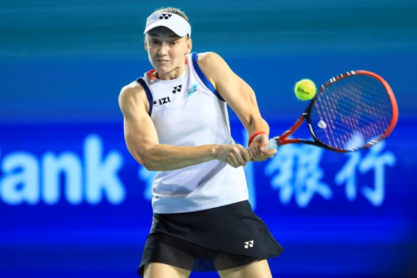 Kazakhstan's Elena Rybakina hits a return to Poland's Katarzyna Kawa during their women's singles quarter-final match at the Ningbo Open tennis tournament in Ningbo, China's eastern Zhejiang province on October 23, 2026. CN-STR / AFP
