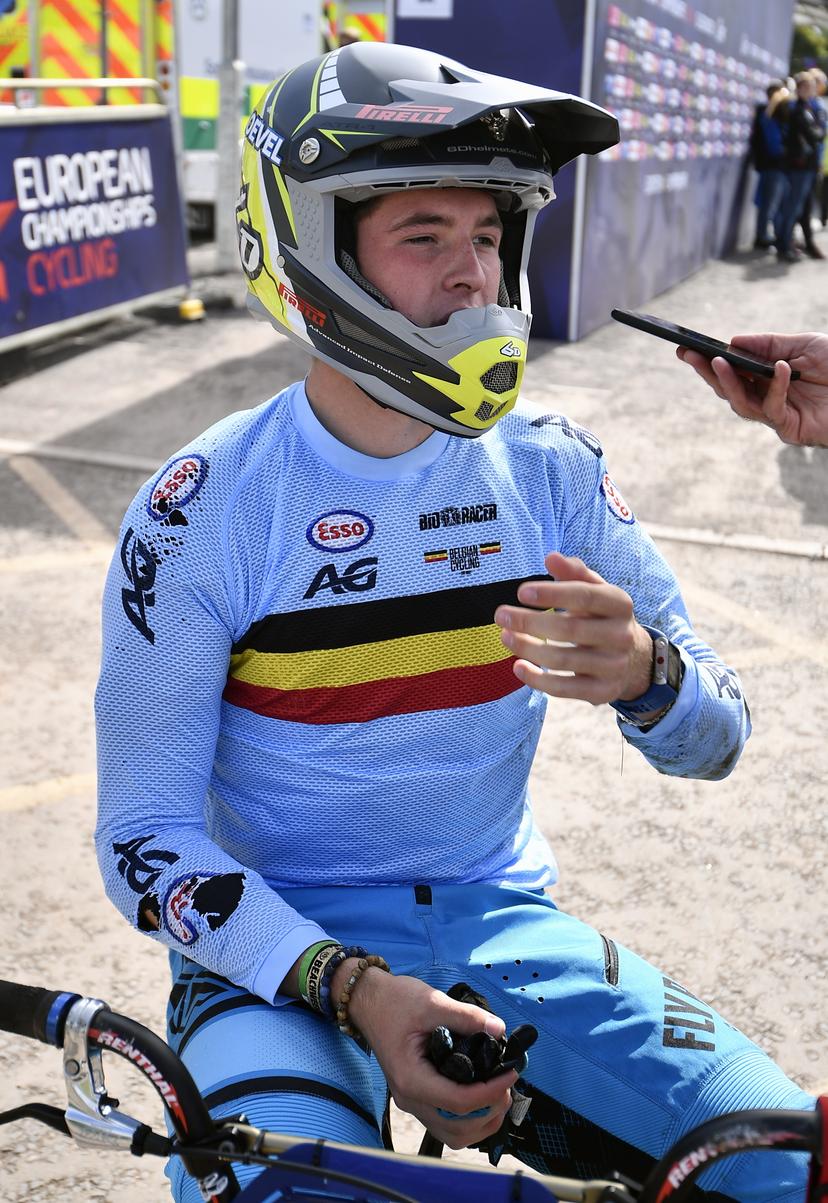 Belgian BMX cyclist Ruben Gommers looks dejected after a fall in the 1/8 finals of the men's BMX event at the European Championships, in Glasgow, Scotland, Saturday 11 August 2018. European championships of several sports will be held in Glasgow from 03 to 12 August. BELGA PHOTO ERIC LALMAND