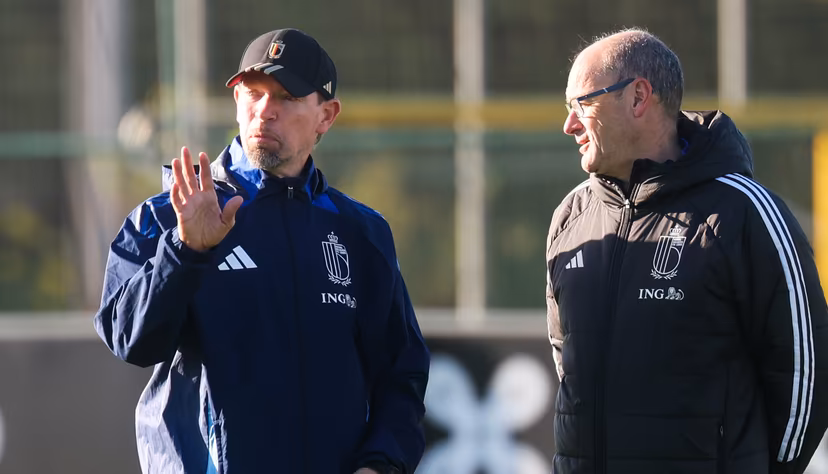 Belgium's assistant coach Sven Vermant and Belgium's head coach Bob Browaeys pictured during a training session of the Belgian national under 17 soccer team, at the Proximus Basecamp in Tubize, Thursday 30 October 2025. BELGA PHOTO VIRGINIE LEFOUR