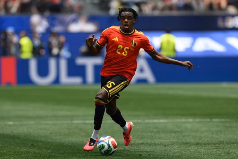 Belgium's defender #25 Nathan Ngoy controls the ball during the 2026 World Cup Group G football match between Belgium and Iran at the Los Angeles Stadium in Inglewood on June 21, 2026. Patrick T. Fallon / AFP