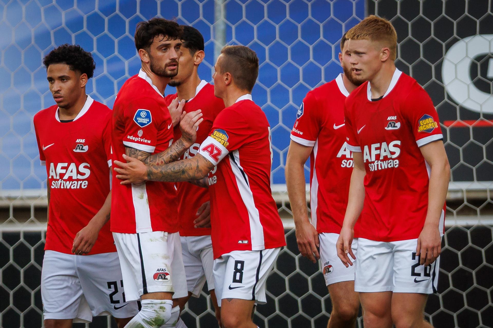 AZ's Kees Smit celebrates after scoring during a friendly soccer game between Belgian KAA Gent and Dutch AZ Alkmaar, on Wednesday 16 July 2025 in Gent. The teams are preparing for the upcoming 2025-2026 season. BELGA PHOTO KURT DESPLENTER