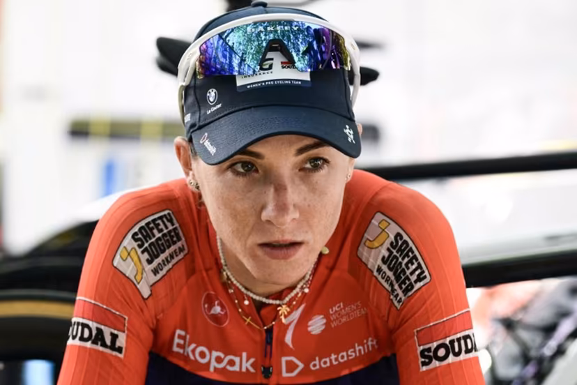 AG Insurance-Soudal Team's Mauritian rider Kim Le Court-Pienaar looks on after winning the 6th (out of 9) stage of the fifth edition of the Women's Tour de France cycling race, 153.4 km from Montbrison to Tournon-sur-Rhone, in Tournon-sur-Rhone, central-eastern France on August 6, 2026. NICOLAS TUCAT / AFP