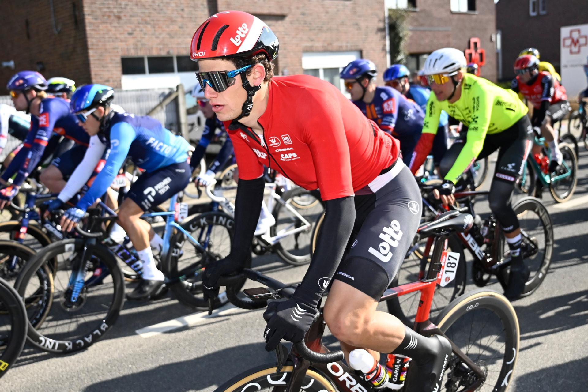 Belgian Alec Segaert of Lotto Cycling Team pictured in action during the Kuurne-Brussels-Kuurne one day cycling race, 196,9 km from Kuurne to Kuurne via Brussels, Sunday 02 March 2025. BELGA PHOTO DIRK WAEM