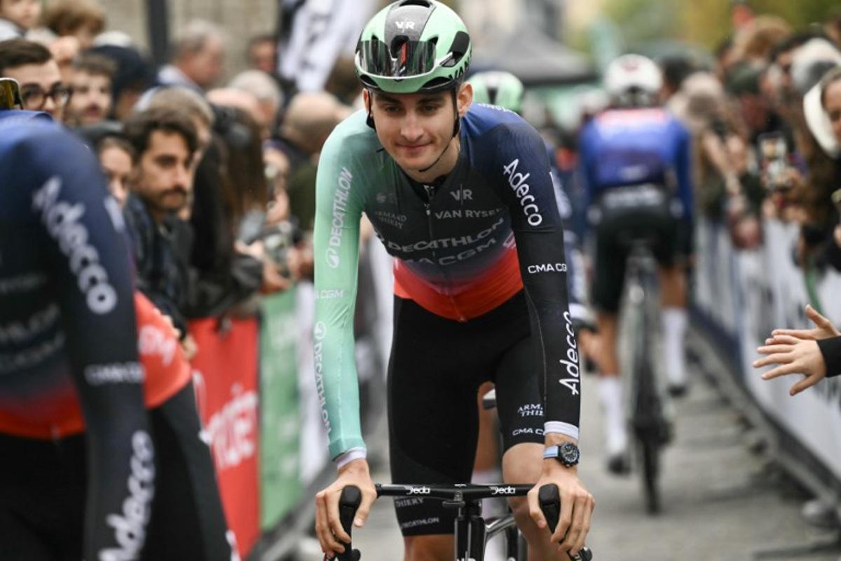Decathlon CMA CGM Team's French rider Paul Seixas arrives ahead of the start of the 120th edition of the Giro di Lombardia (Tour of Lombardy), a 239km cycling race from Bergamo to Como, in Bergamo on October 10, 2026. Marco BERTORELLO / AFP