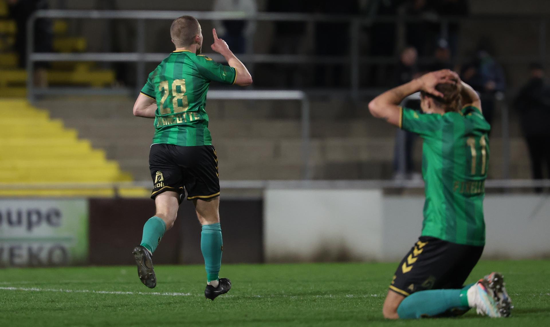 Francs Borains' Mathias Francotte celebrates after scoring during a soccer game between Royal Francs Borains and KSC Lokeren, Thursday 12 March 2026 in Boussu, on day 29 of the 2025-2026 'Challenger Pro League' 1B second division of the Belgian championship. BELGA PHOTO VIRGINIE LEFOUR