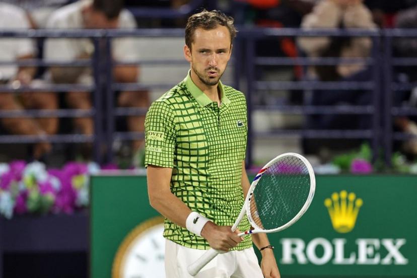 Russia's Daniil Medvedev reacts during his men's singles semi-final match against Canada's Felix Auger-Aliassime at the Dubai Duty Free Tennis tournament in Dubai on February 27, 2026. Fadel SENNA / AFP