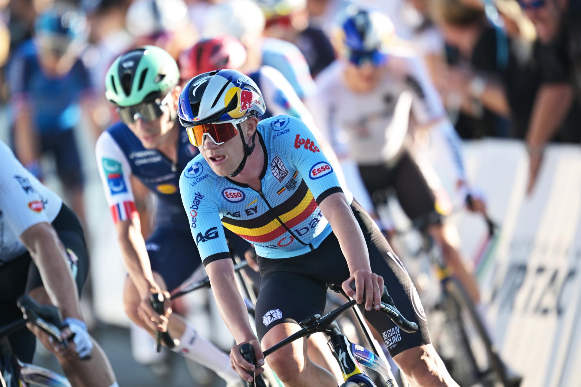 Belgium's Maxim Van Gils pictured in action during the elite men Road Race race (196,2 km) at the cycling UEC Road European Championships, in Ljubljana, Slovenia Sunday 4 October 2026. The UEC Road European Championships are taking place from 02 to 07 October in Ljubljana, Slovenia. BELGA PHOTO DAVID PINTENS