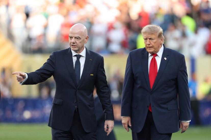 FIFA President Gianni Infantino (L) and US President Donald Trump arrive for the final ceremony after the 2026 World Cup football tournament final match between Spain and Argentina at the New York/New Jersey Stadium in East Rutherford on July 19, 2026. Odd ANDERSEN / AFP