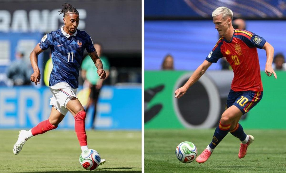 (COMBO) This combination of files photos created on July 12, 2026, shows France's forward #11 Michael Olise in East Rutherford on June 16, 2026 (L); and Spain's forward #10 Dani Olmo in Inglewood on July 10, 2026. France and Spain will meet in a 2026 World Cup semi-final football match at the Dallas Stadium in Arlington on July 14, 2026. Charly TRIBALLEAU, Patrick T. FALLON / AFP