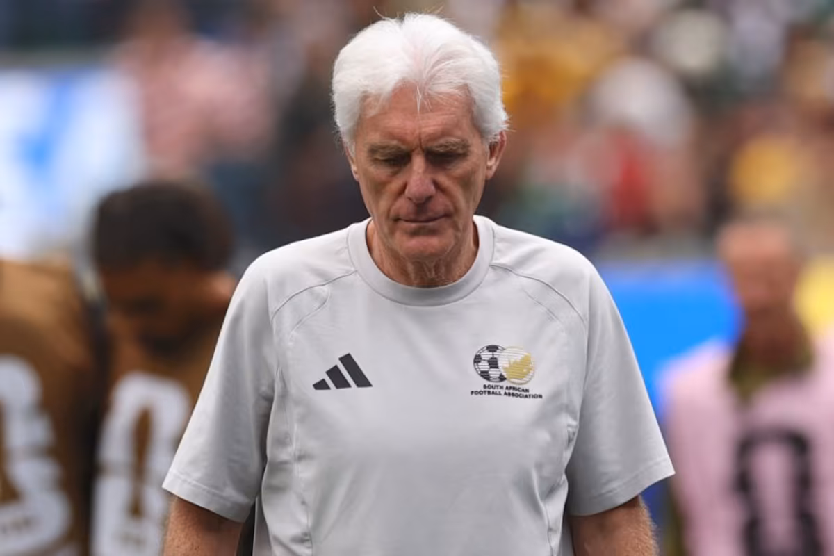 South Africa's Belgian head coach Hugo Broos gestures at the halftime of the 2026 World Cup round of 32 football match between South Africa and Canada at the Los Angeles Stadium in Inglewood on June 28, 2026. ETIENNE LAURENT / AFP
