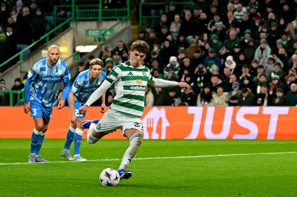 Celtic's Belgian midfielder #27 Arne Engels scores the team's third goal from the penalty spot during the UEFA Europa League league-stage football match between Celtic and FC Utrecht at Celtic Park in Glasgow on January 29, 2026. ANDY BUCHANAN / AFP