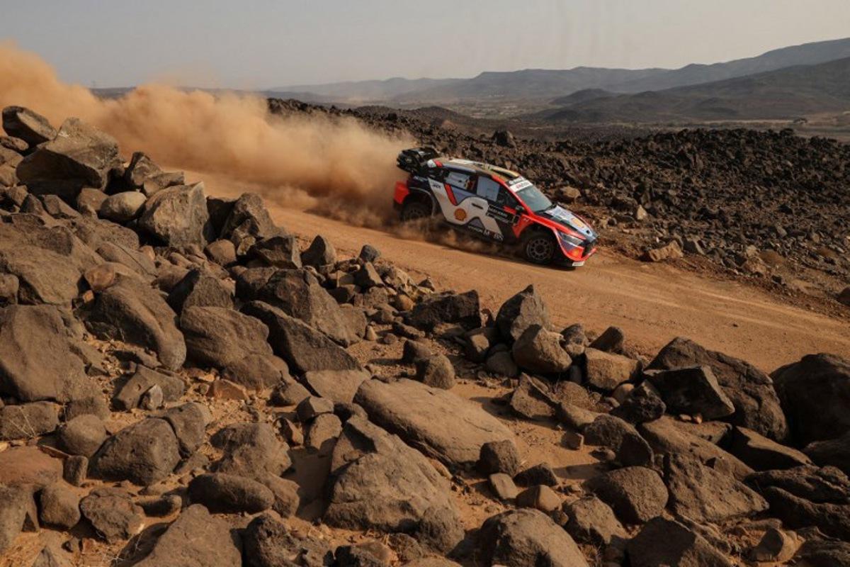 Hyundai Shell Mobis World Rally Team's Belgian driver Thierry Neuville and Belgian co-driver Martijn Wydaeghe steer their Hyundai i20 N Rally1 during the third stage of FIA World Rally Championship (WRC) in Jeddah on November 28, 2025. Fayez Nureldine / AFP