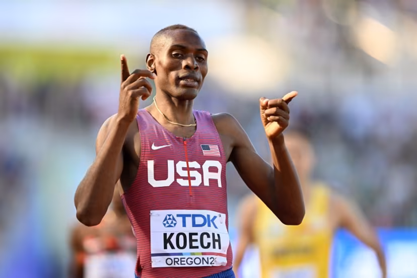 USA's Jonah Koech reacts after crossing the finish line in the men's 800m heats during the World Athletics Championships at Hayward Field in Eugene, Oregon on July 20, 2022. Jewel SAMAD / AFP