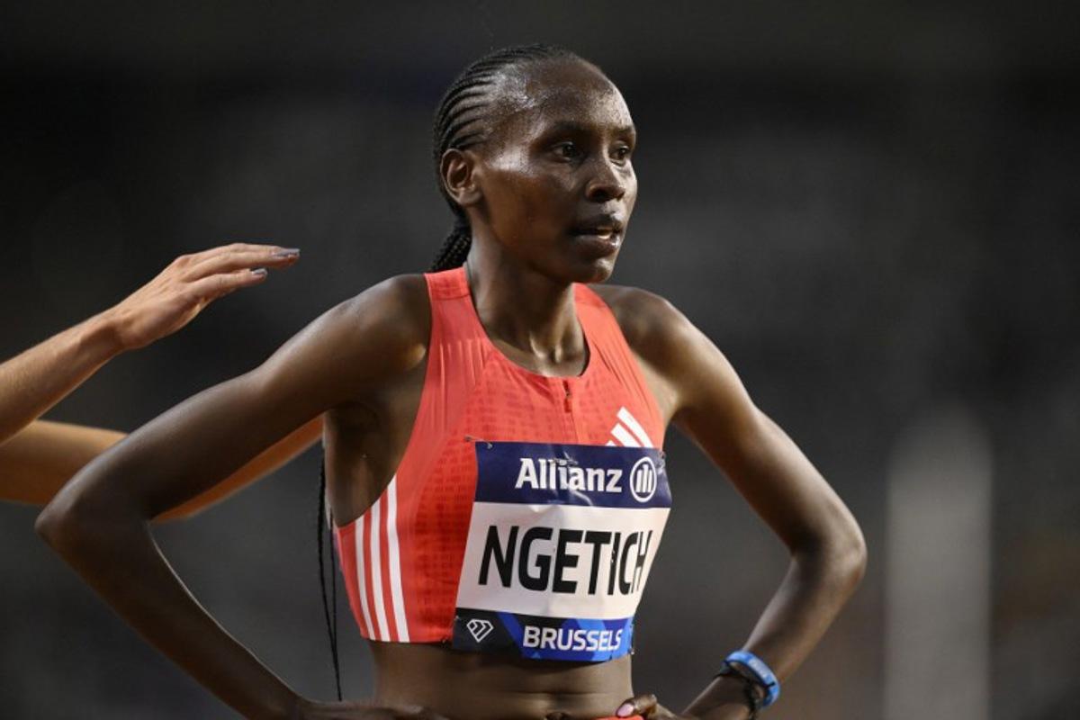 Kenya's Agnes Jebet Ngetich reacts after winning the Women's 5000m event of the Diamond League athletics meeting at the King Baudouin Stadium in Brussels on August 22, 2025. JOHN THYS / AFP