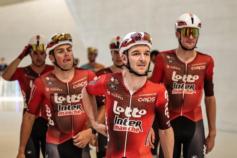 Team Lotto Intermarché's riders arrive at the Zayed National Museum ahead of the seventh and final stage of the UAE Tour cycling event from Zayed National Museum to Abu Dhabi Breakwater in Abu Dhabi on February 22, 2026. Fadel SENNA / AFP