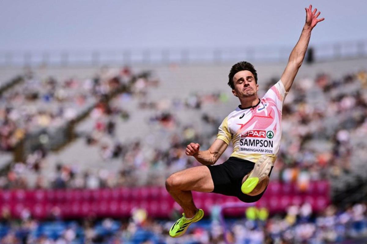 Belgium's Yanni Sampson competes in the men's long jump qualifier during the European Athletics Championships at Alexander Stadium in Birmingham on August 10, 2026. Ben STANSALL / AFP