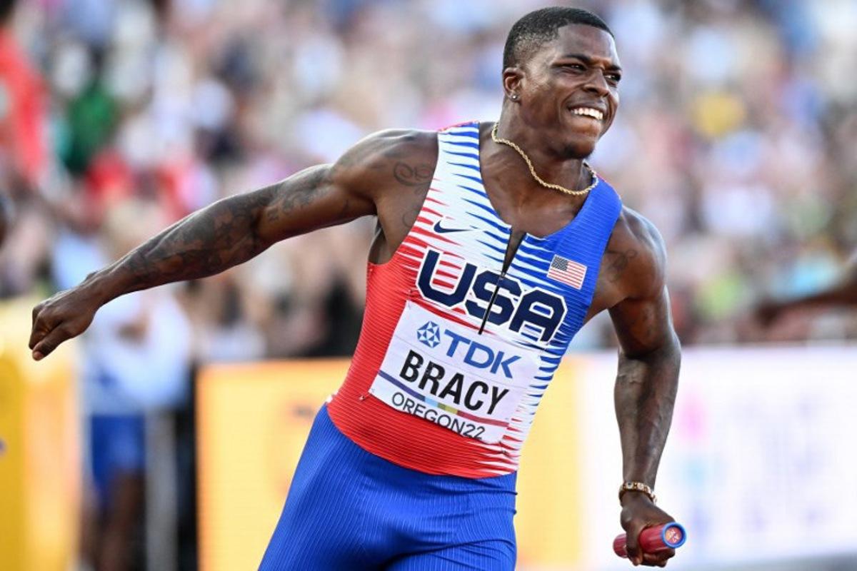 USA's Marvin Bracy reacts after crossing the finish line to come in first in a heat of the men's 4x100m relay during the World Athletics Championships at Hayward Field in Eugene, Oregon on July 22, 2022. Jewel SAMAD / AFP
