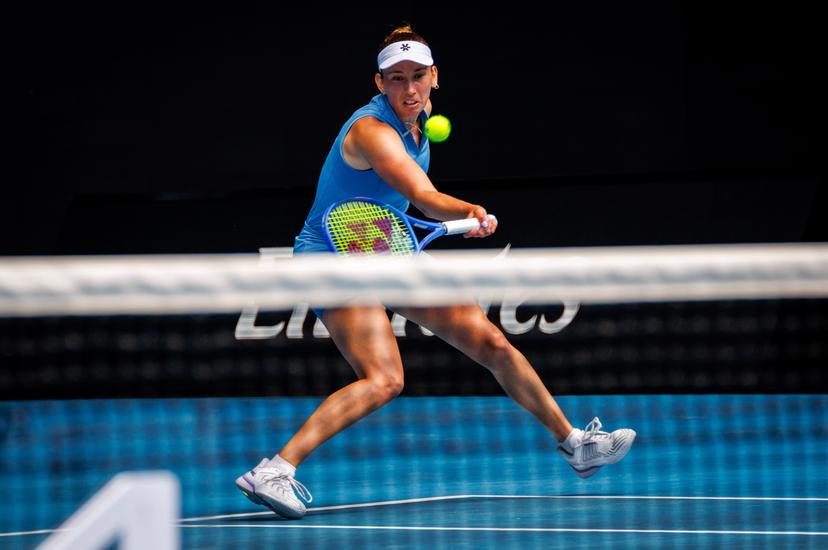 Belgian Elise Mertens pictured during a doubles tennis match between Belgian-Chinese pair Mertens-Zhang and Kazakh/Serbian pair Danilina/Krunic, in the final of the women doubles at the Australian Open, Melbourne Park, Melbourne on Saturday 31 January 2026. BELGA PHOTO PATRICK HAMILTON --- BENELUX ONLY ---