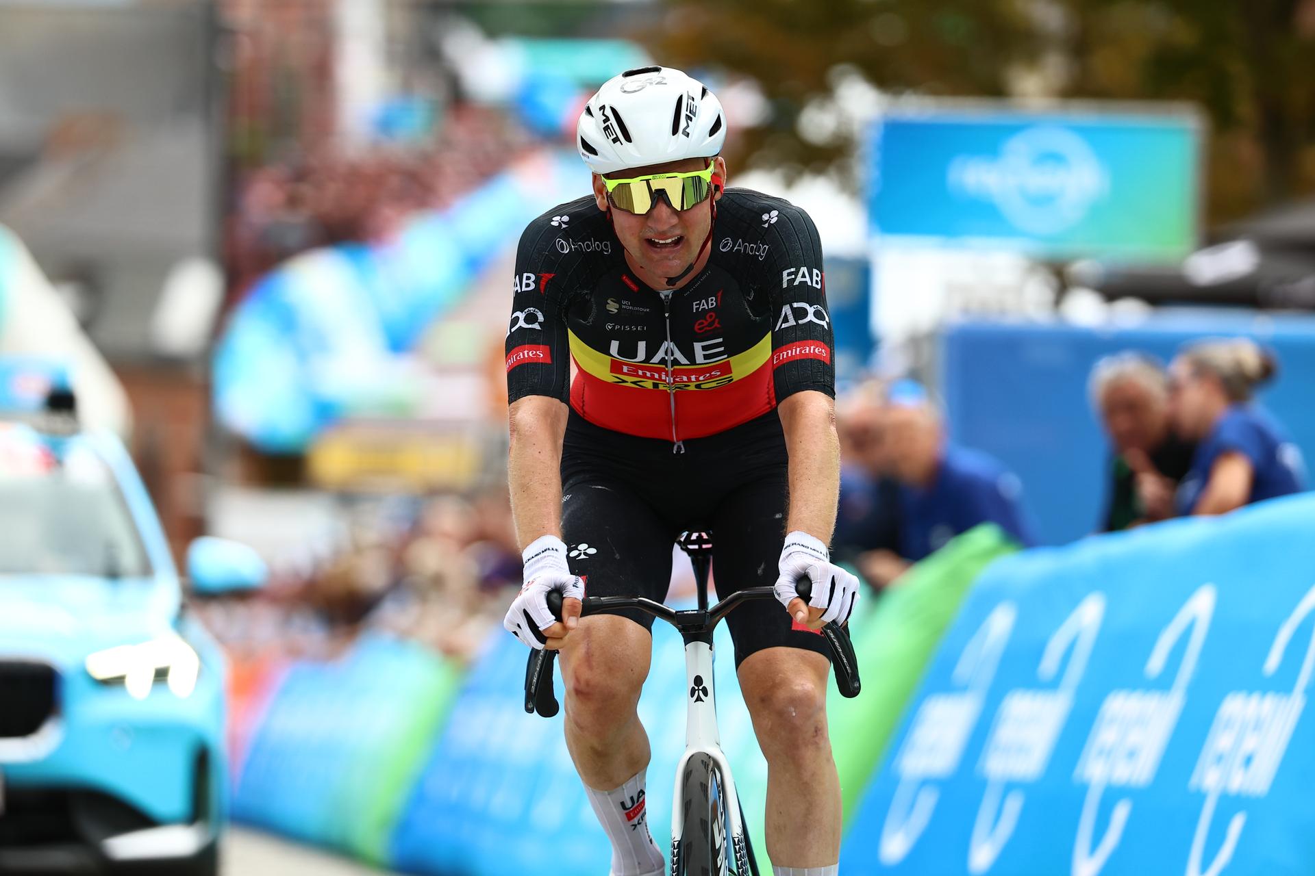 Belgian Tim Wellens of UAE Team Emirates crosses the finish line of the third stage of the 'Renewi Tour' multi-stage cycling race, from Aalter to Geraardsbergen (179,9 km) on Friday 22 August 2025. The five-day race takes place in Belgium and the Netherlands. BELGA PHOTO DAVID PINTENS
