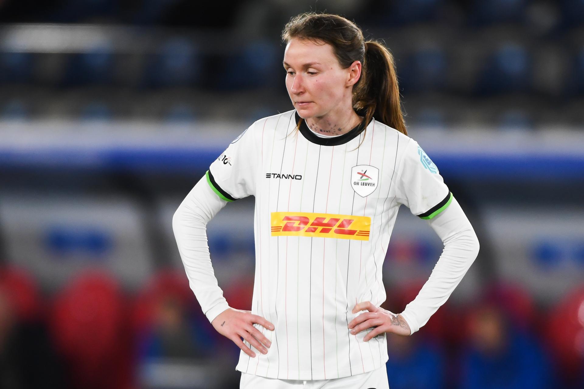 OHL Women's Sara Pusztai looks dejected after losing a soccer match between Oud-Heverlee Leuven Women and English Arsenal, Wednesday 11 February 2026 in Heverlee, in the Knockout Play-offs (1st leg) phase of the UEFA Women's Champions League competition. BELGA PHOTO JILL DELSAUX