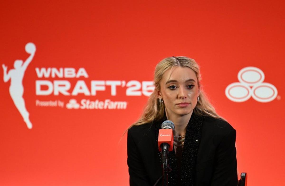 Paige Bueckers speaks to the press during the 2025 WNBA Draft at the Shed in New York City on April 14, 2025. ANGELA WEISS / AFP