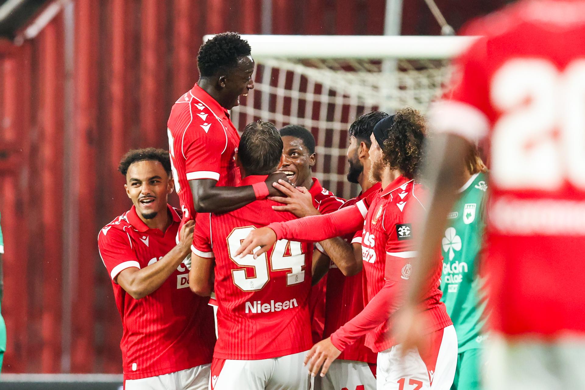 Standard's Salieu Drammeh celebrates after scoring during a soccer match between Standard de Liege RAAL La Louvière, Friday 21 August 2026 in Liege, on day 3 of the 2026-2027 'Jupiler Pro League' first division of the Belgian championship. BELGA PHOTO BRUNO FAHY