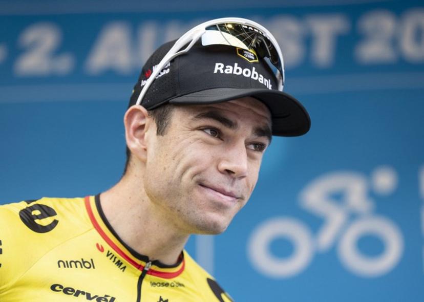 UCI WorldTeam Visma-Lease a Bike's Belgian rider Wout Van Aert celebrates winning on the podium after the 3rd stage of the PostNord Denmark Tour on July 31, 2026 in Fredericia, Denmark. Henning Bagger / Ritzau Scanpix / AFP