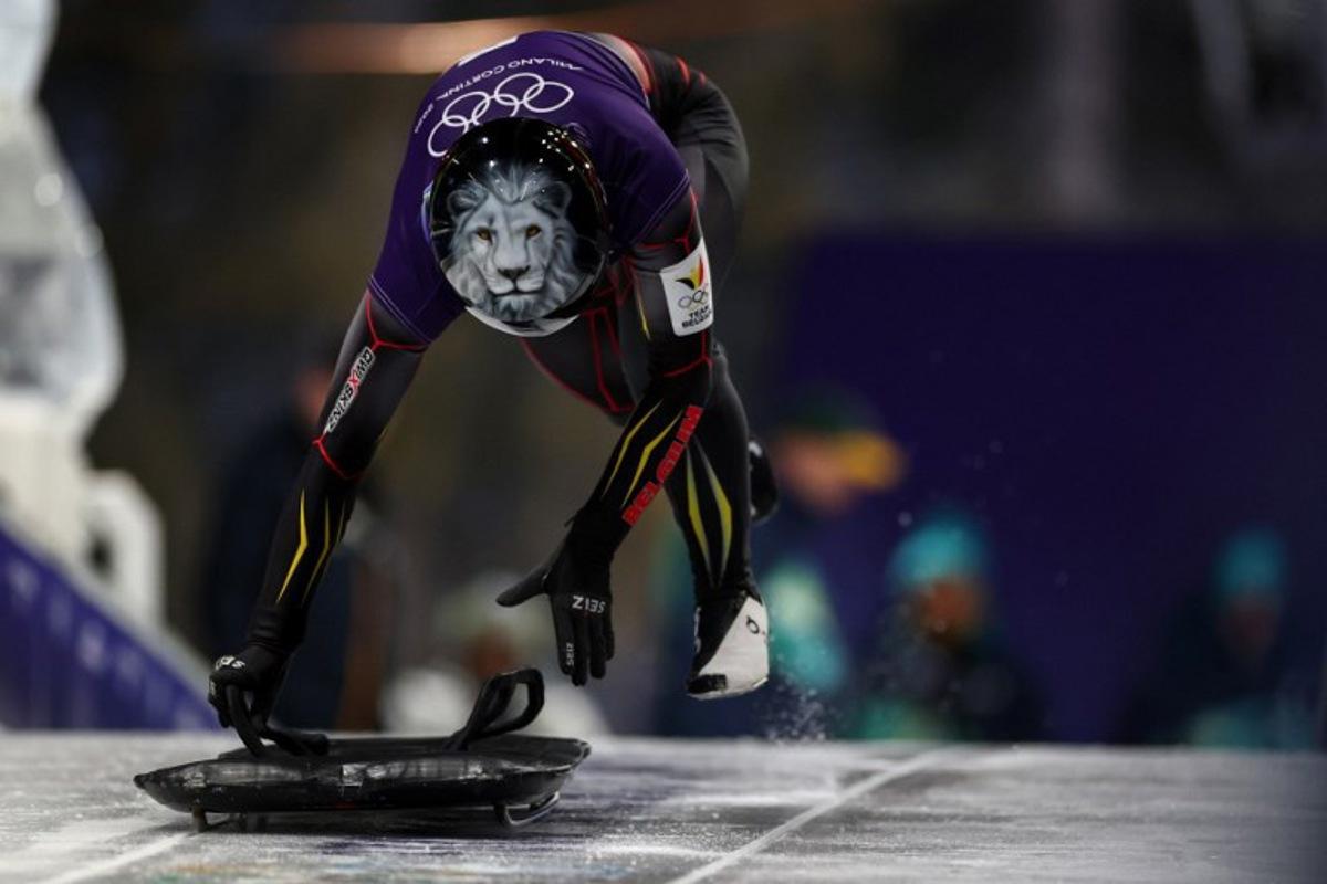 Belgium's Kim Meylemans takes part in the skeleton women's training session at Cortina Sliding Centre during the Milano Cortina 2026 Winter Olympic Games in Cortina d'Ampezzo on February 9, 2026. FRANCK FIFE / AFP