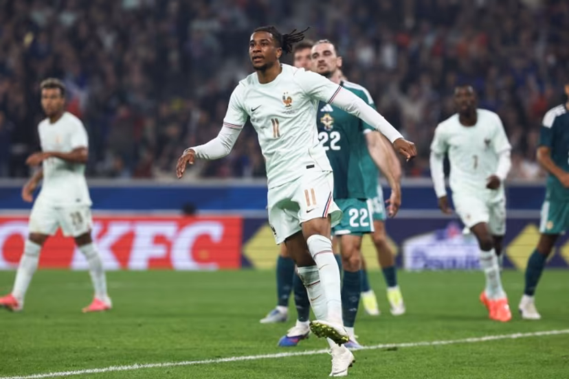 France's forward #11 Michael Olise celebrates scoring his team's first goal during the international friendly football match between France and North Ireland at the Decathlon Arena - Pierre Mauroy stadium in Villeneuve-d'Ascq, northern France on June 8, 2026, ahead of the 2026 FIFA World Cup football tournament. FRANCK FIFE / AFP