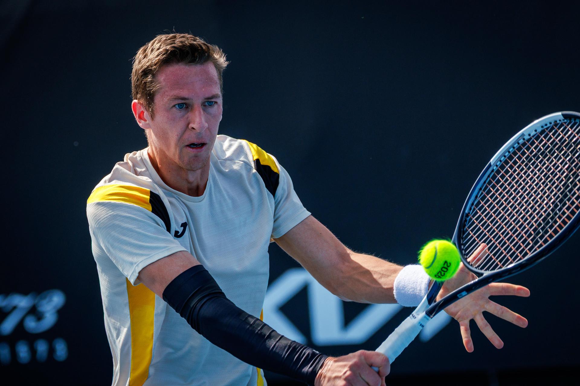 Belgium's Kimmer Coppejans pictured in action during a third round qualifying match in the men's singles against USA's Svajda at the Australian Open, Melbourne Park, Melbourne on Thursday 15 January 2026. BELGA PHOTO PATRICK HAMILTON --- BENELUX ONLY ---