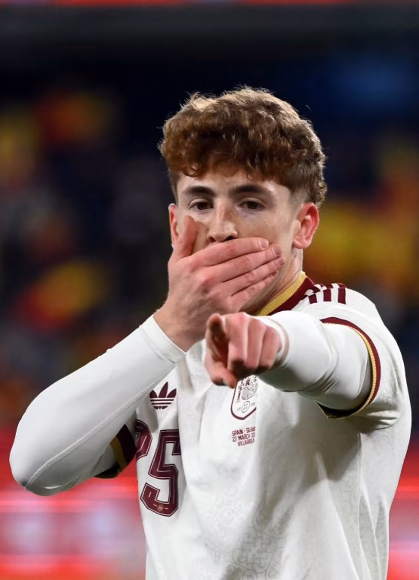Spain's forward #25 Victor Munoz Villanueva celebrates scoring his team's third goal during the international friendly football match between Spain and Serbia at La Ceramica Stadium in Vila-real on March 27, 2026. JOSE JORDAN / AFP