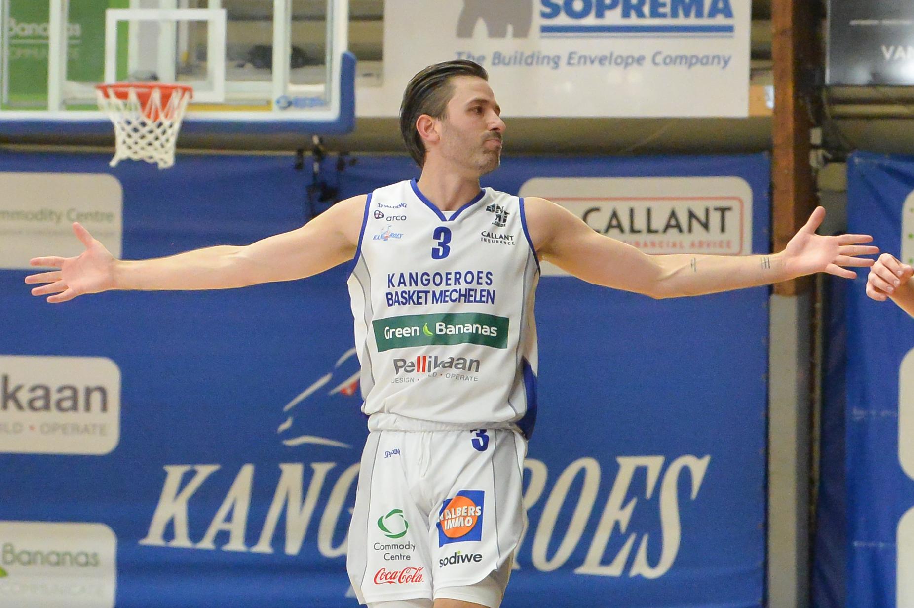 Mechelen's Domien Loubry celebrates during a basketball match between Kangoeroes Mechelen (Belgium) and QSTA United (Netherlands), Saturday 10 May 2025 in Mechelen, on day 36 of the 'BNXT League' Belgian/ Dutch first division basket championship. BELGA PHOTO JILL DELSAUX