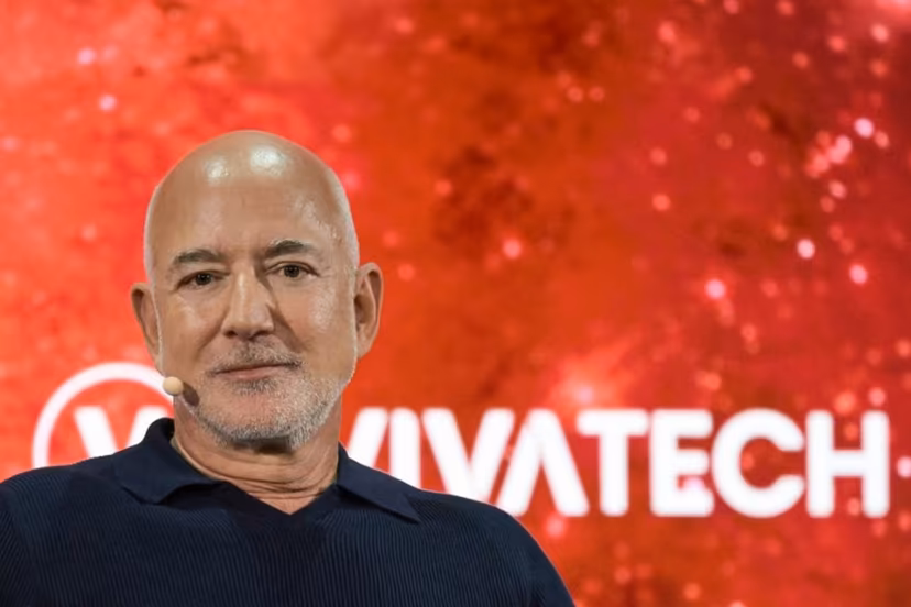 US Amazon's founder Jeff Bezos speaks on stage at the VivaTech technology startups and innovation fair at the Paris Expo Porte de Versailles, in Paris on June 17, 2026. JULIEN DE ROSA / AFP