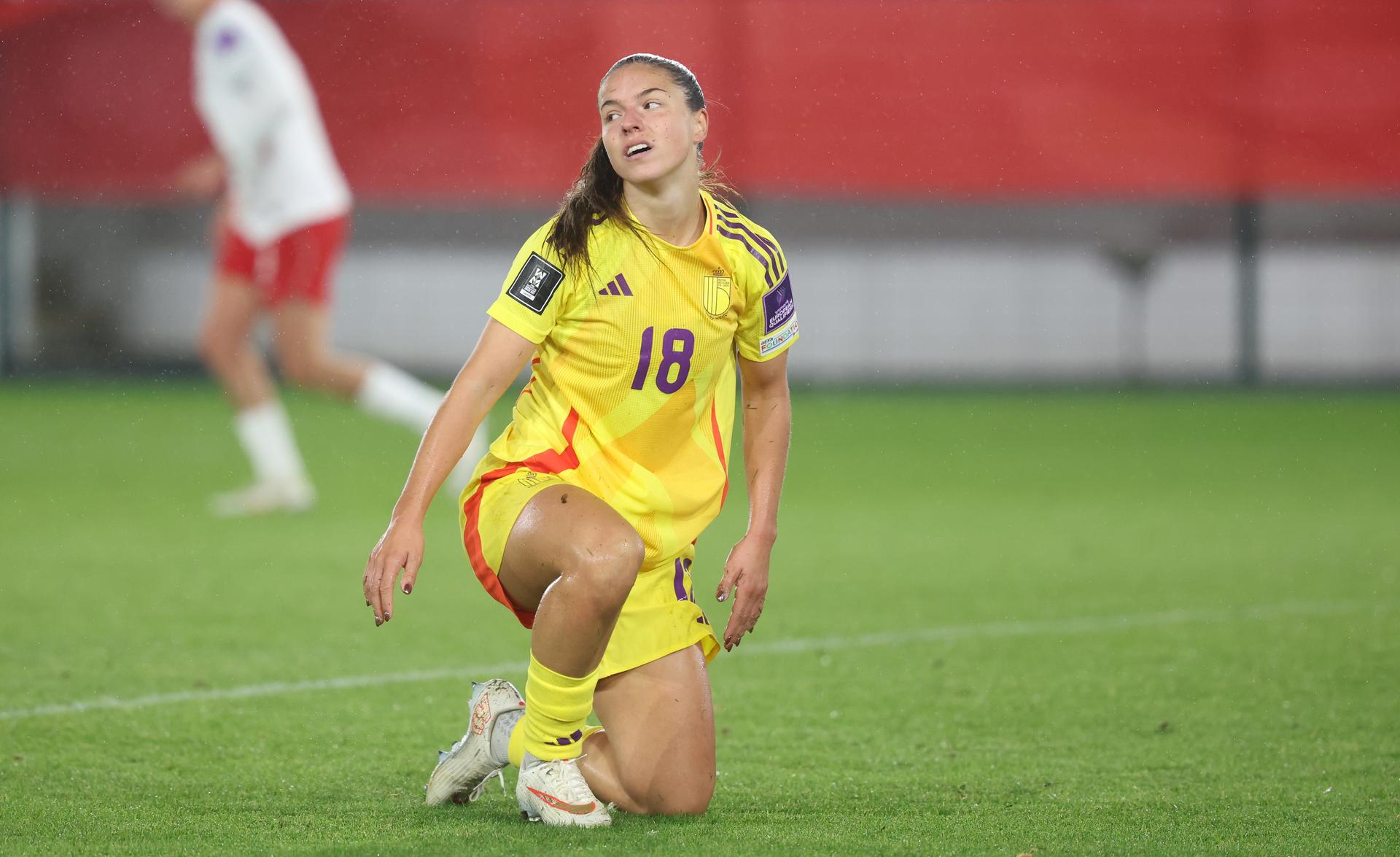 Belgium's Luna Vanzeir pictured during a soccer game between Belgium's national women's team the Red Flames and Poland, on Friday 9 October 2026 in Leuven, the first leg of the play-off for the 2027 FIFA Women's World Cup. BELGA PHOTO VIRGINIE LEFOUR