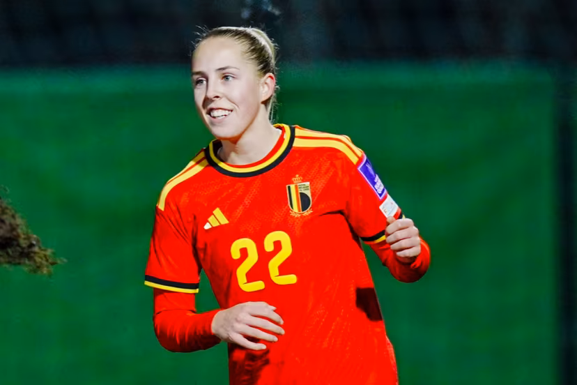 Saar Janssen of Belgium celebrate after scoring during a game between Belgium's national women's soccer team the Red Flames and Israel, qualifying game 1/6 for the 2027 FIFA Women's World Cup, on Tuesday 03 March 2026, in Budaors, Hungary. BELGA PHOTO ISTVAN DERENCSENYI