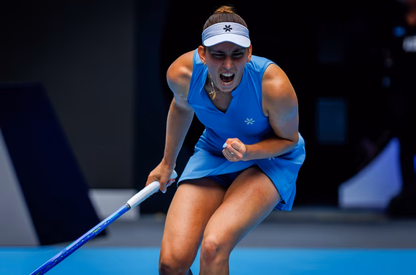 Belgian Elise Mertens pictured during a doubles tennis match between Belgian-Chinese pair Mertens-Zhang and Kazakh/Serbian pair Danilina/Krunic, in the final of the women doubles at the Australian Open, Melbourne Park, Melbourne on Saturday 31 January 2026. BELGA PHOTO PATRICK HAMILTON --- BENELUX ONLY ---
