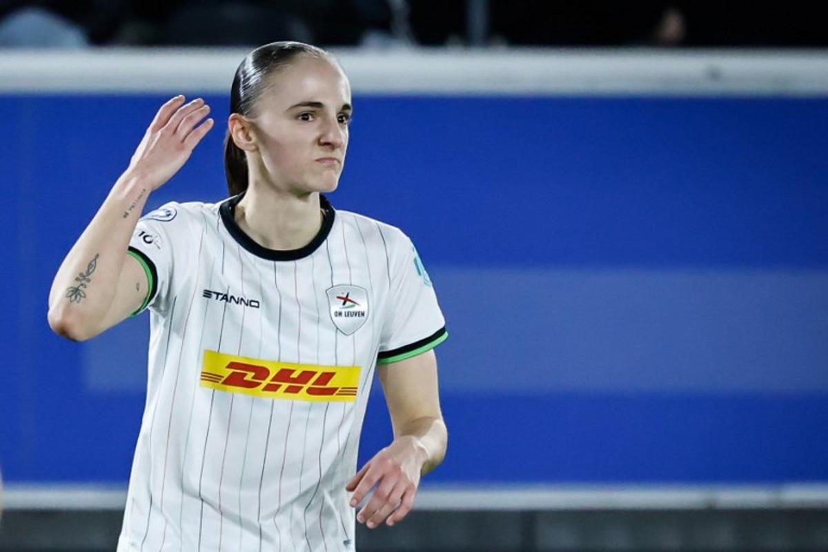 OH Leuven's Belgian midfielder #06 Zenia Mertens reacts during the UEFA Women's Champions League knockout play-off in first-leg match between Oud-Heverlee Leuven and Arsenal FC at the Den Dreef Stadium in Leuven on February 11, 2026. Simon Wohlfahrt / AFP