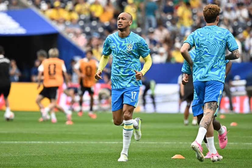 Brazil's midfielder #17 Fabinho warms up prior to the 2026 World Cup round of 32 football match between Brazil and Japan at the Houston Stadium in Houston on June 29, 2026. Paul ELLIS / AFP