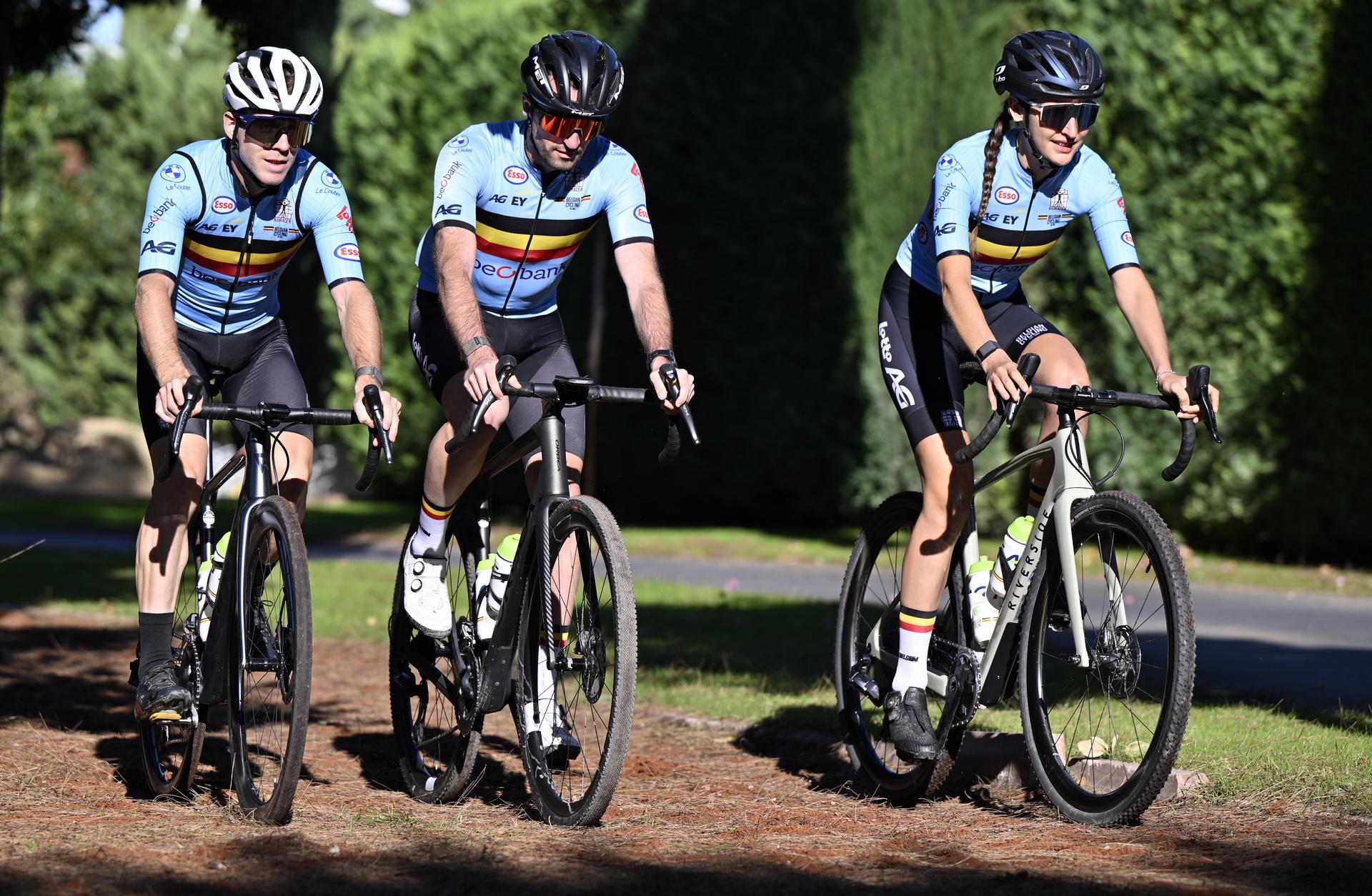 athlete Jens Schuermans, athlete Pierre de Froidmont and athlete Emeline Detilleux pictured in action during a training camp organized by the BOIC-COIB Belgian Olympic Committee in Belek, Turkey, Sunday 19 November 2023. The camp takes place from 11 to 25 November. BELGA PHOTO ERIC LALMAND