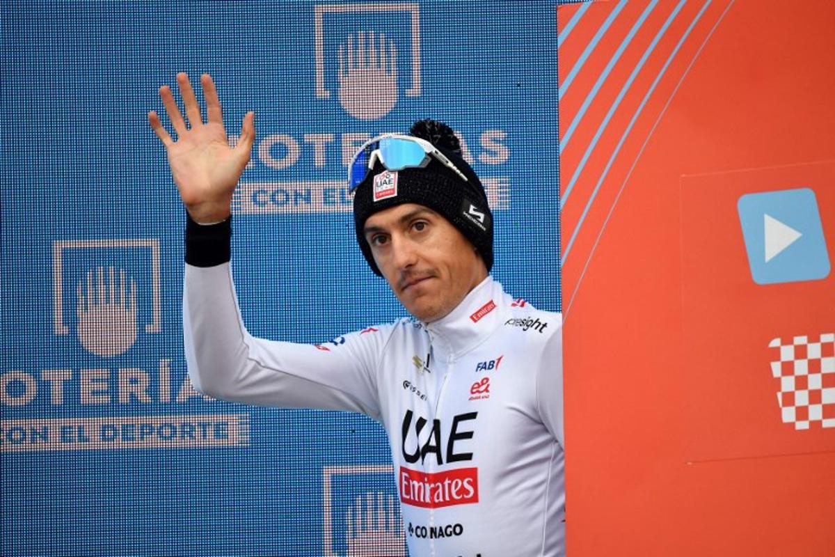 Team UAE's Marc Soler celebrates arrives on the podium after the stage 18 of the Vuelta a Espana, a 179,5 km race between Vitoria-Gasteiz and Maeztu, on September 5, 2024. Ander Gillenea / AFP