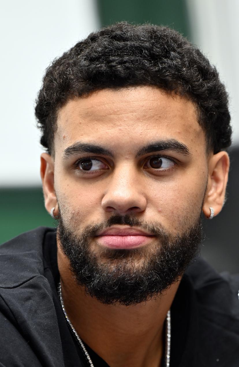 Ajay Mitchell pictured during a press conference regarding the NBA US basketball competition on Wednesday 30 July 2025 in Ans. Oklahoma City Thunder, featuring Belgian point guard Mitchell, won the league. BELGA PHOTO ERIC LALMAND