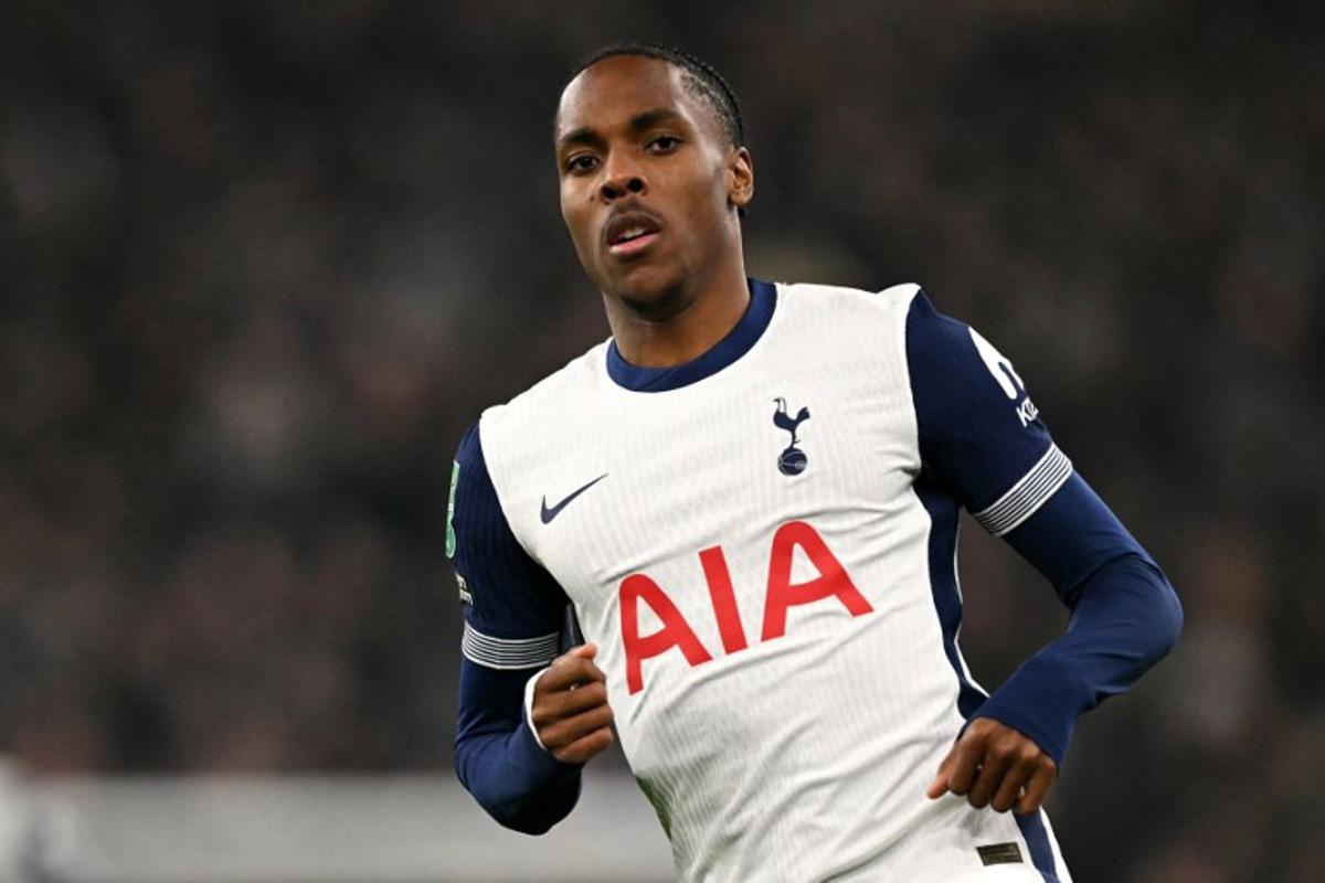 Tottenham Hotspur's French striker #11 Mathys Tel looks on during the English League Cup semi-final second leg football match between Liverpool and Tottenham Hotspur at Anfield in Liverpool, north west England on February 6, 2025. Oli SCARFF / AFP