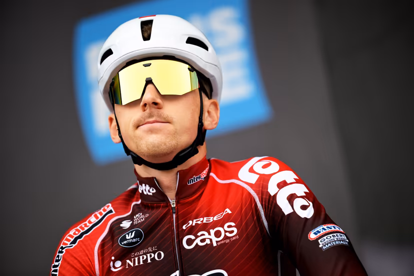 Belgian Luca Van Boven of Lotto-Intermarche pictured at the start of the first stage of 84th edition of the Paris-Nice cycling race, 170,9 km from Archeres to Carrieres-sous-Poissy, Sunday 08 March 2026. BELGA PHOTO DAVID PINTENS