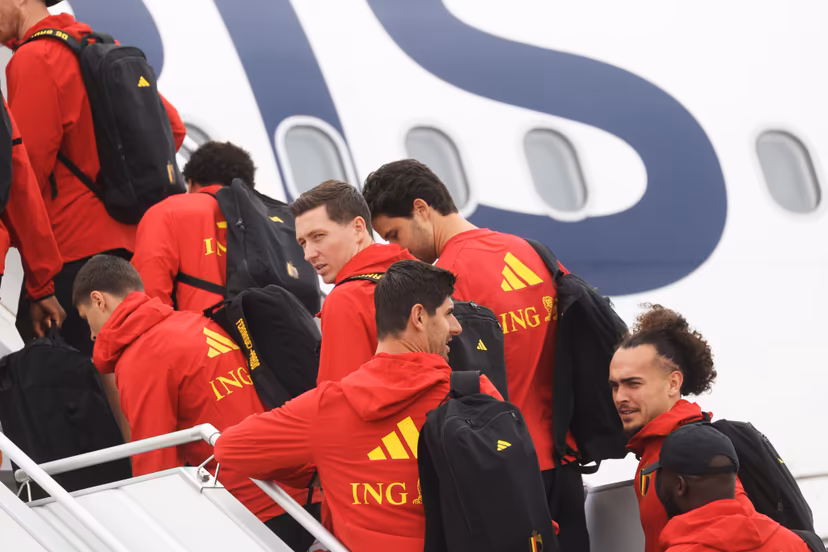 Belgium's Hans Vanaken, Belgium's goalkeeper Thibaut Courtois and Belgium's Arthur Theate pictured at the departure of Belgian national soccer team the Red Devils from Brussels Airport, Monday 08 June 2026, in Zaventem. The Red Devils fly to their base camp in Seattle for the FIFA World Cup 2026 which is held in the United States, Canada and Mexico. BELGA PHOTO BRUNO FAHY