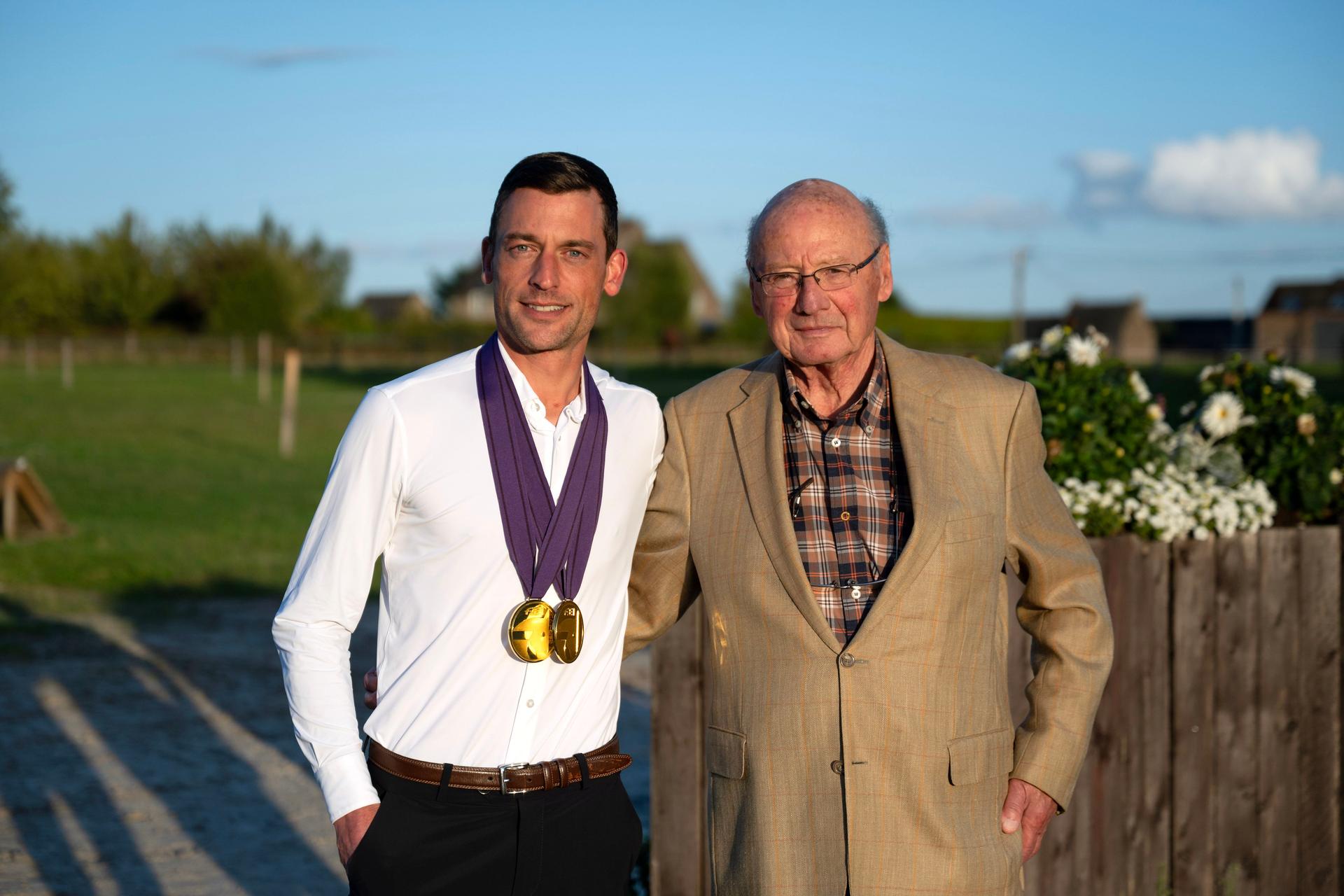 Eugène Mathy, president of LEWB and vice-president of FRBSE, and rider Justin Verboomen pictured during the celebration of double European dressage champion Justin Verboomen in Gesves, on Friday 12 September 2025. BELGA PHOTO MAXIME ASSELBERGHS