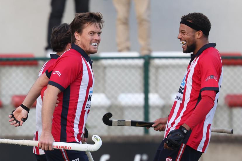 Leopold's Gaspard Baumgarten celebrates after scoring during a hockey game between Leopold and Gantoise, Sunday 25 October 2026 in Brussels, on day 7 of the Belgian first division hockey championship. BELGA PHOTO VIRGINIE LEFOUR