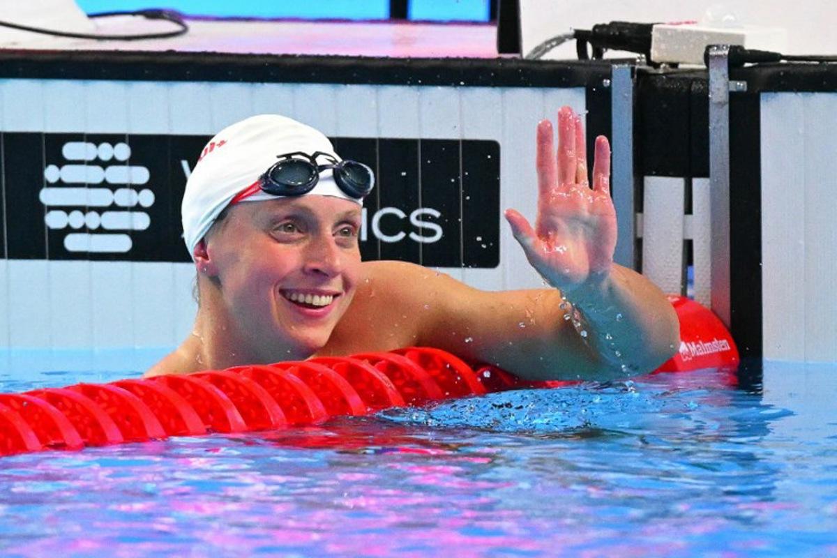 US' swimmer Katie Ledecky reacts after competing in a heat of the women's 1500m freestyle swimming event during the 2025 World Aquatics Championships in Singapore on July 28, 2025. François-Xavier MARIT / AFP