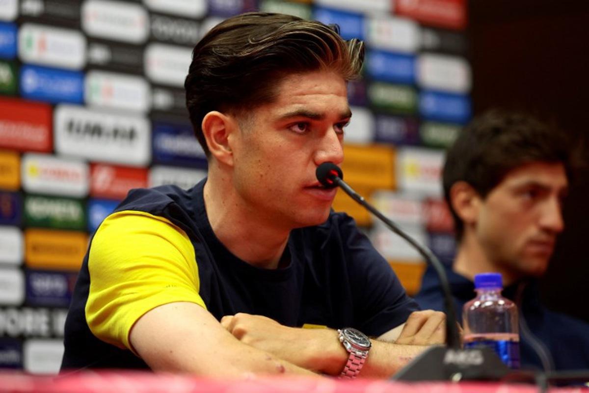 Team Visma-Lease a Bike's Belgian rider Wout Van Aert looks on during the Top Riders press conference on the eve of the departure of the Giro d'Italia 2025 cycling race, in Tirana, on May 8, 2025. Luca BETTINI / AFP