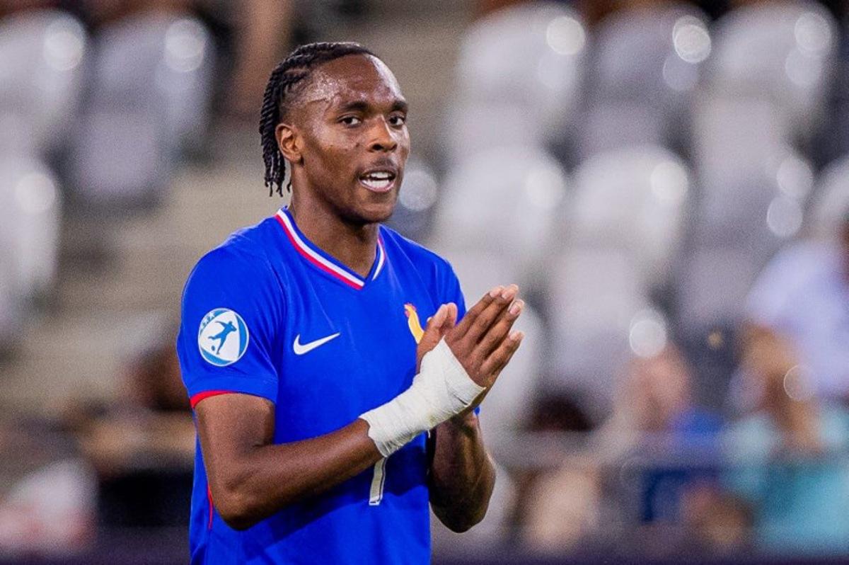 France's forward #07 Mathys Tel reacts at the end of the UEFA U21 European Championship semi-final football match between Germany and France in Kosice, Slovakia on June 25, 2025. Branislav Racko / AFP